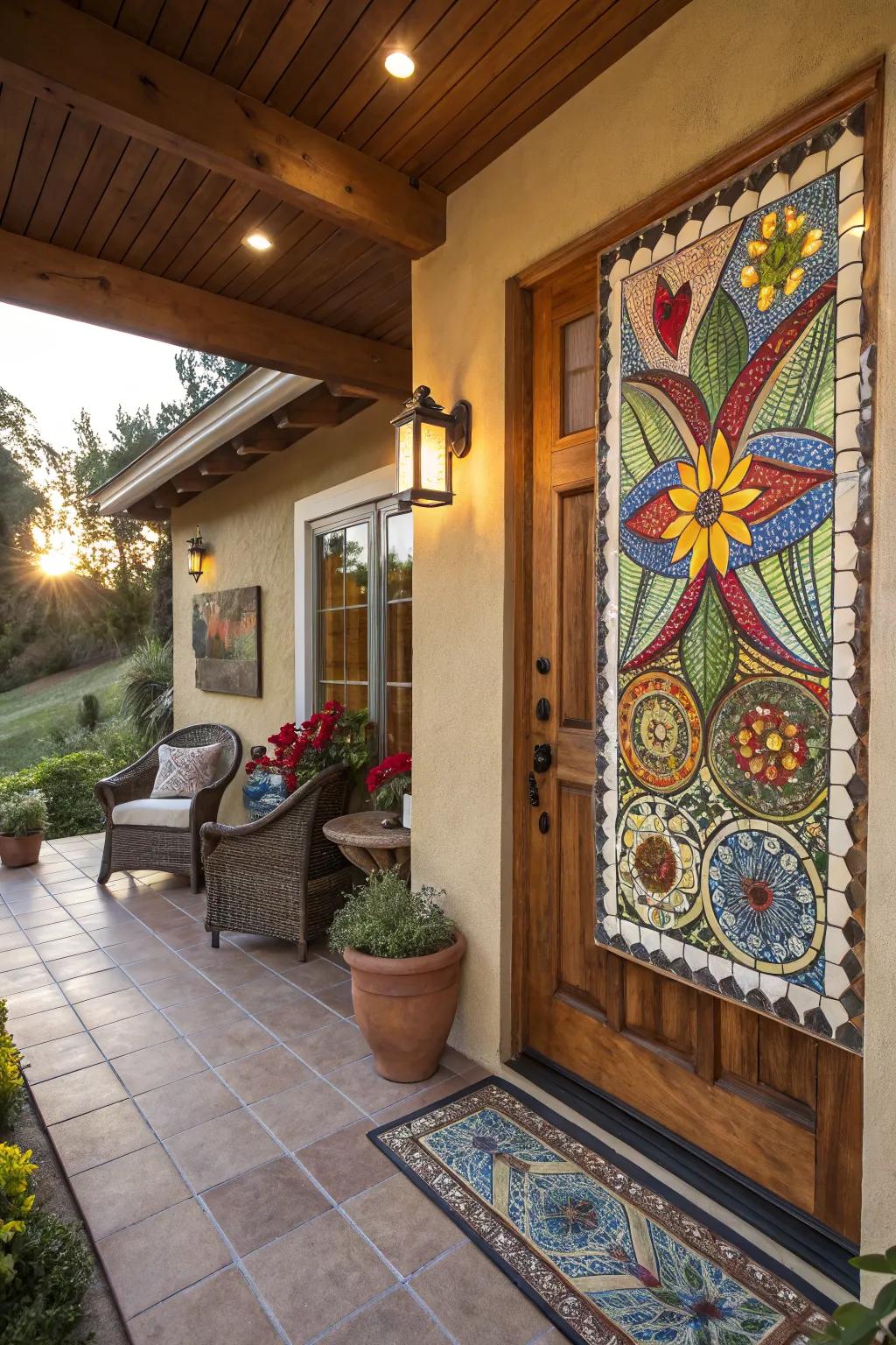 A tile mosaic creates an artistic focal point on the porch.