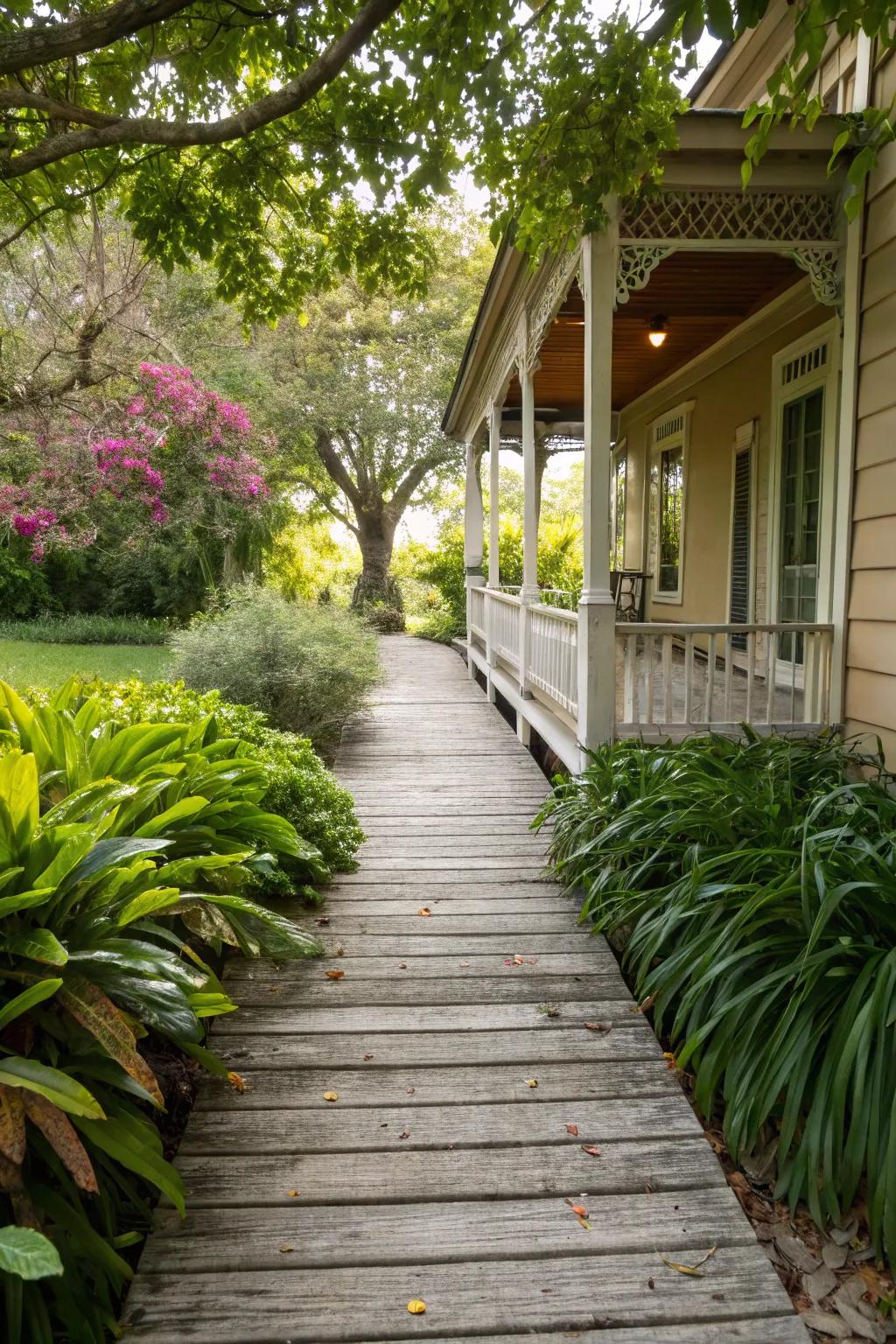A charming wooden walkway guiding visitors to the porch.