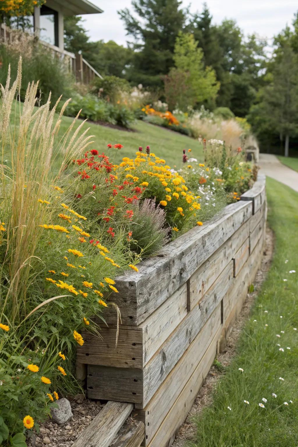 Add rustic charm with a wood-based retaining wall.