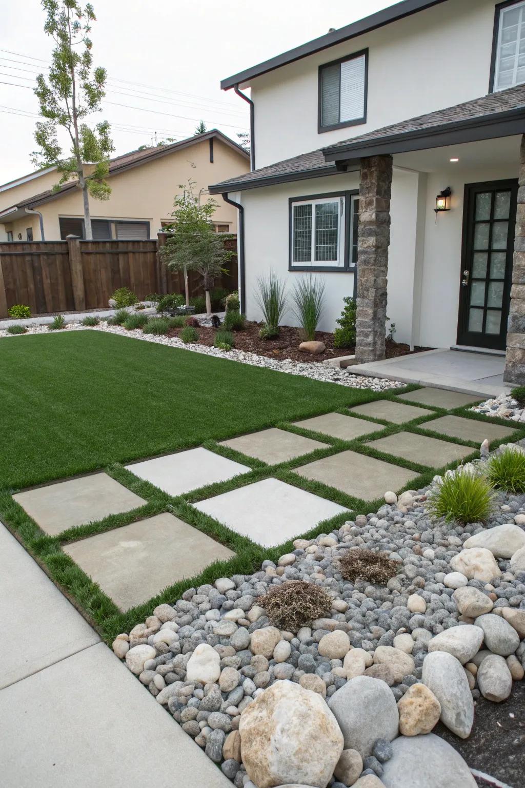 Modern structured layout with distinct grass and rock sections.