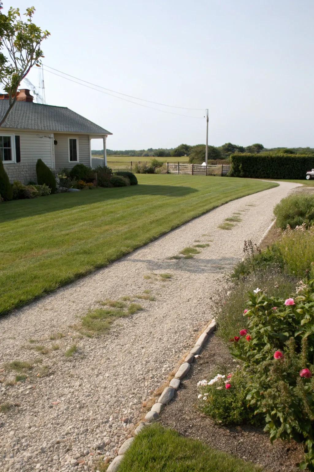 Gravel borders elegantly separate the driveway from the lawn.