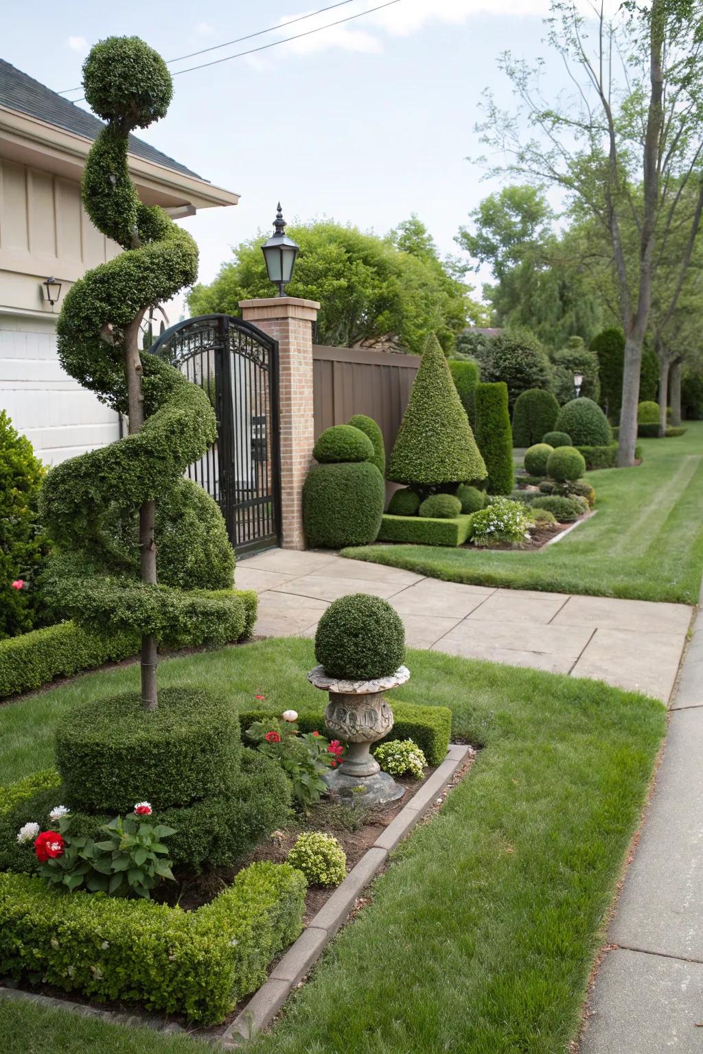 Whimsical topiaries add a playful element.