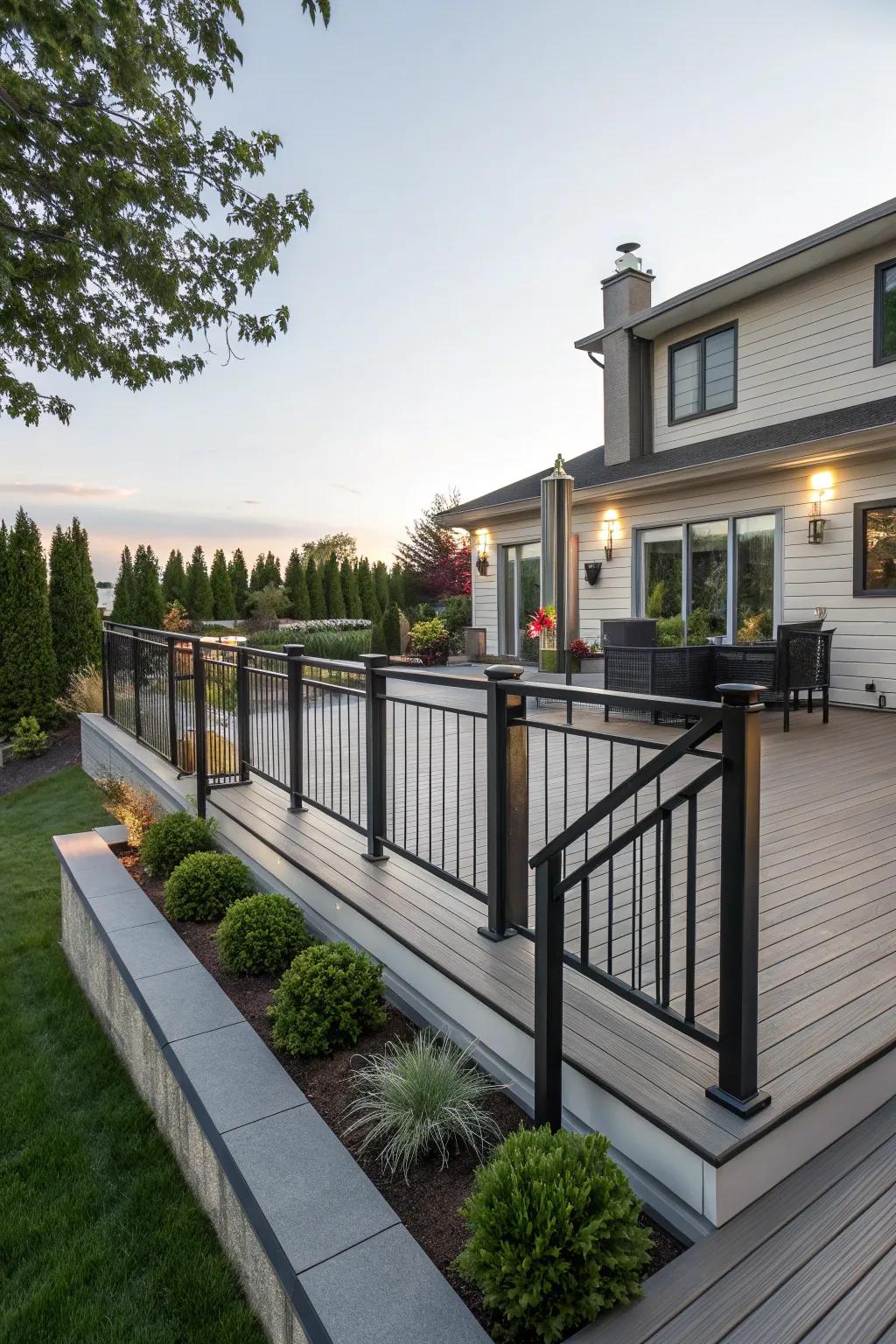 Stylish railings adding elegance to a front yard deck.