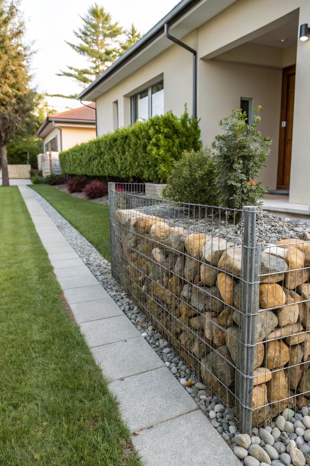 Gabion walls add rugged charm and serve as strong boundaries.