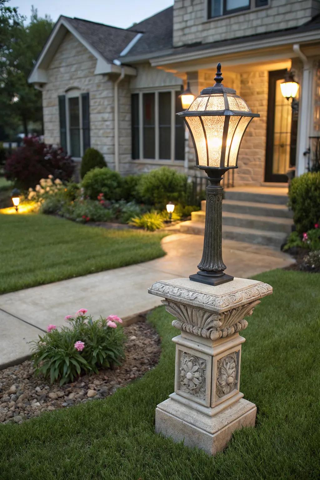 Decorative pedestal enhancing the grandeur of a traditional light post.