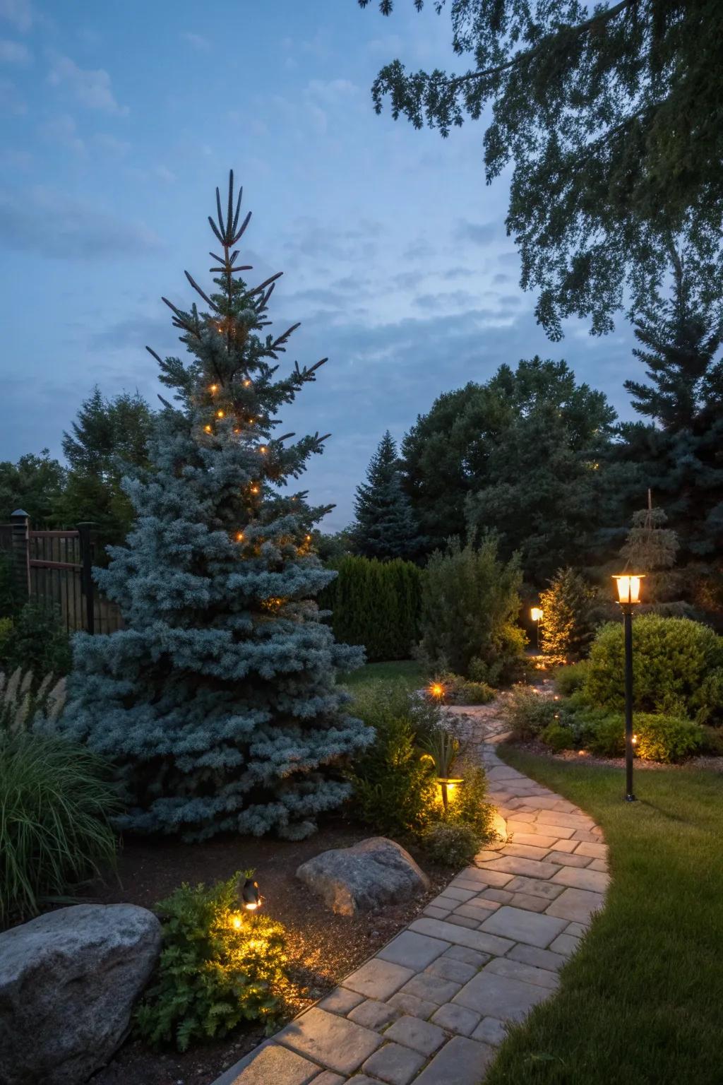 Enhance your garden's magic with illuminated dwarf blue spruce.