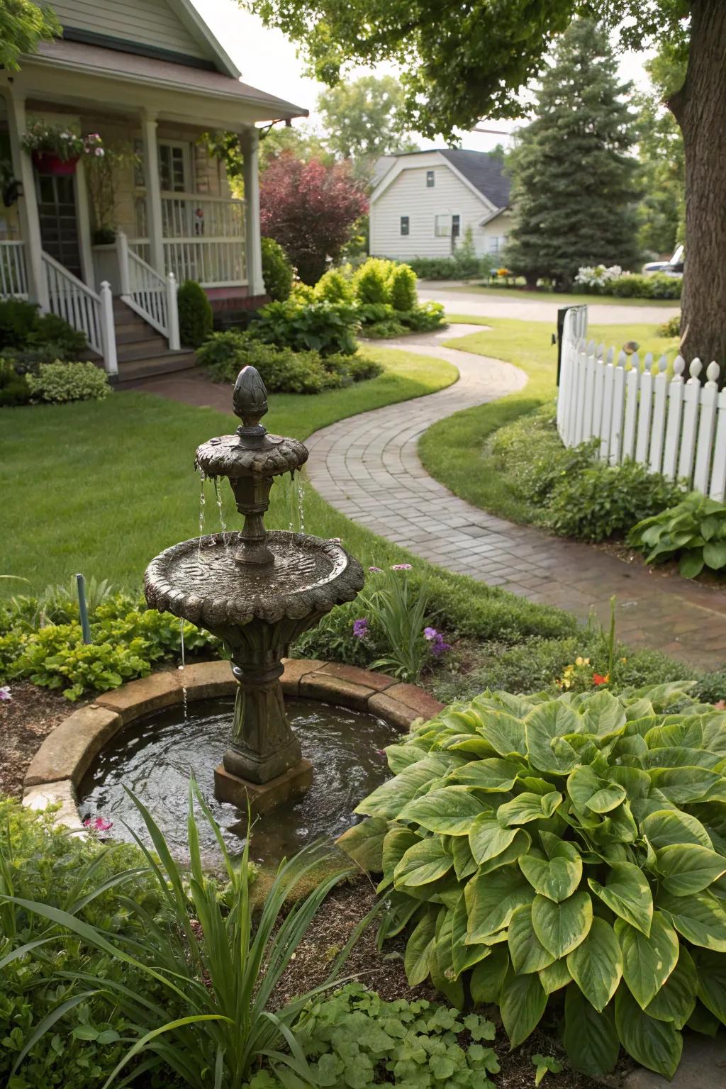 A water feature adds tranquility to the entrance.