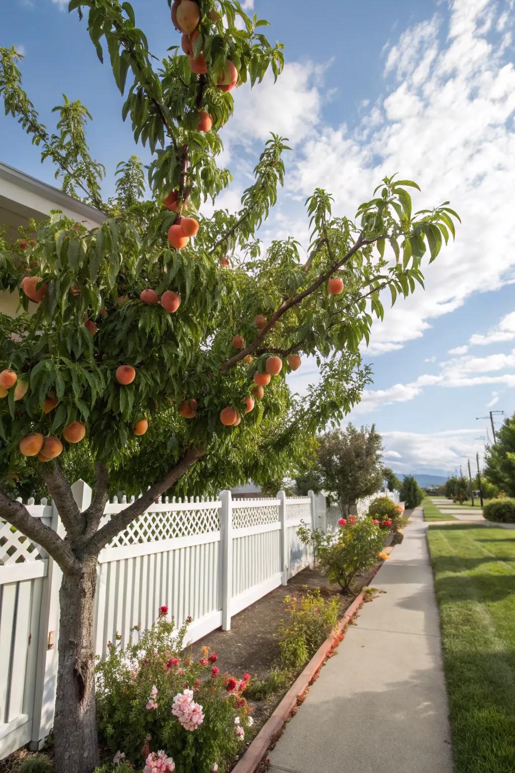 Peach trees offer sweet fruits and a summer garden delight.