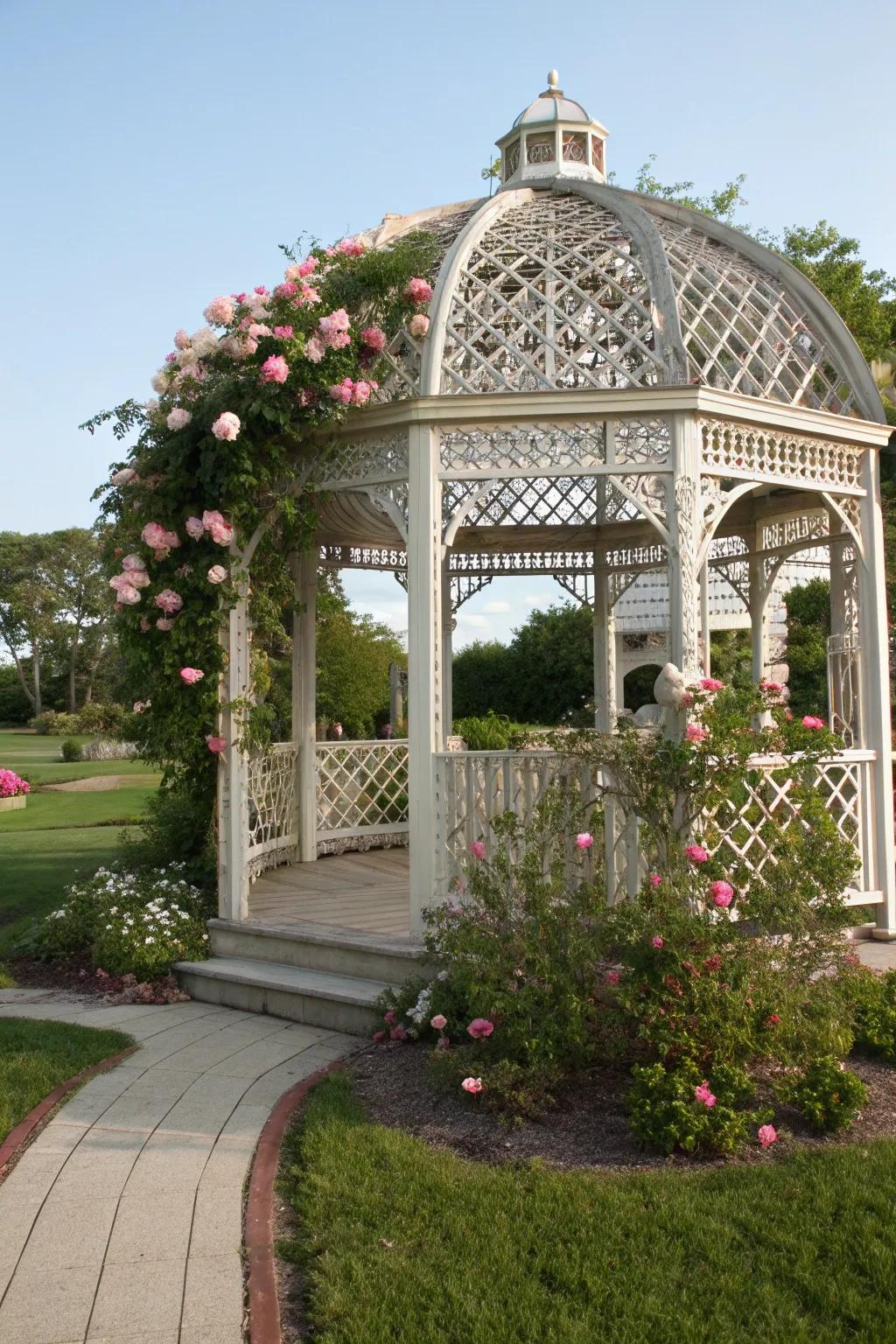 A vintage lattice gazebo creates a romantic setting.