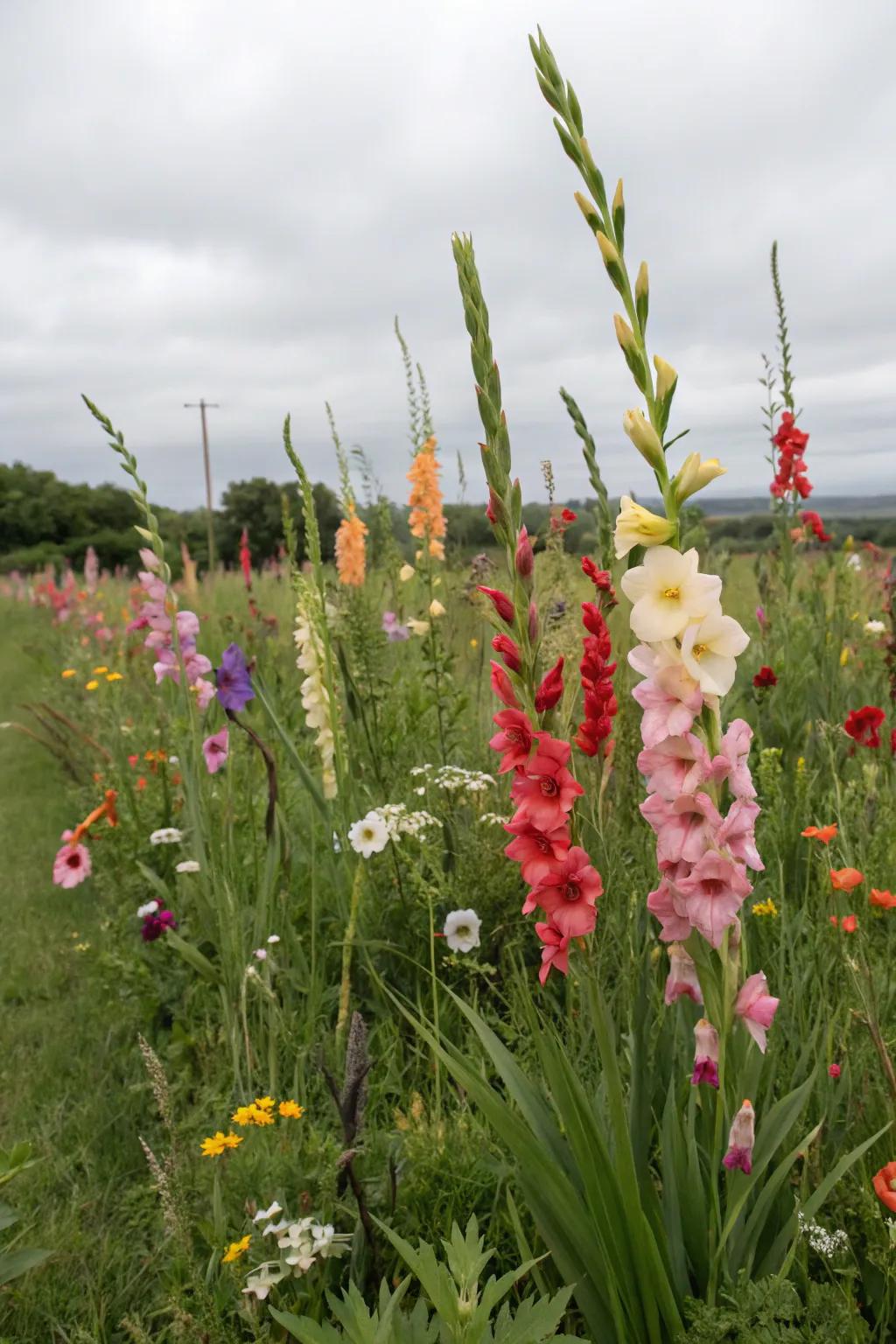 Gladiolus flowers blend seamlessly with wildflowers in a natural garden setting.