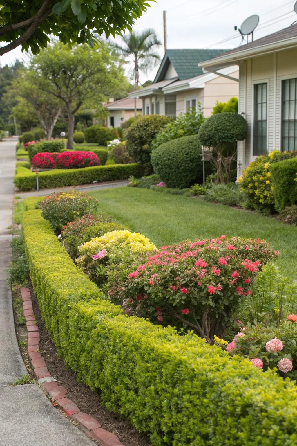 Play with color by mixing different shades of green and flowering plants.