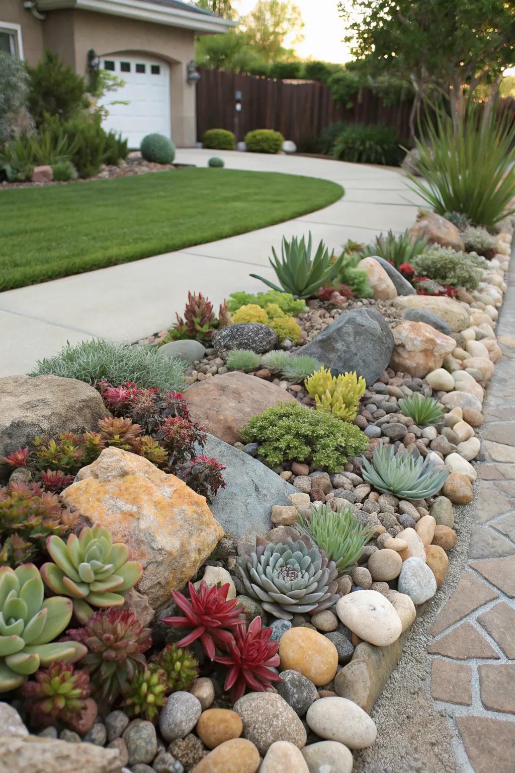 Rock gardens bring texture and interest without the need for grass.