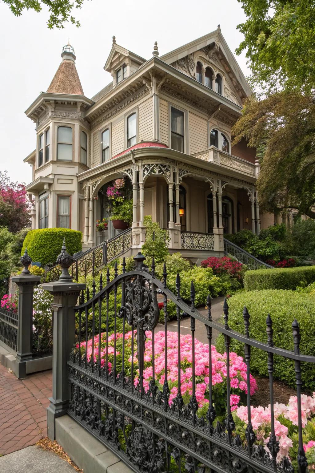 Victorian-inspired ironwork adds grandeur to this historic home.
