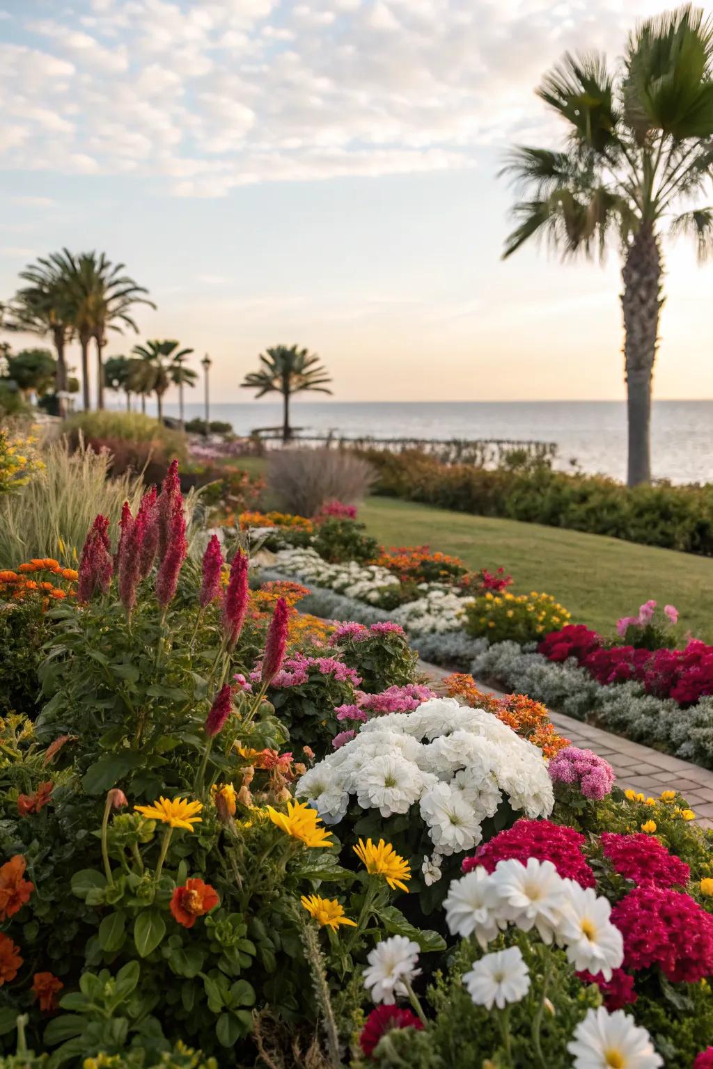An island flower bed showcasing a variety of seasonal blooms for year-round interest.