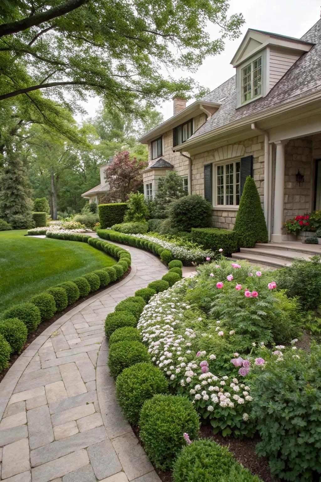 A combination of formal and natural styles creates a balanced front yard design.