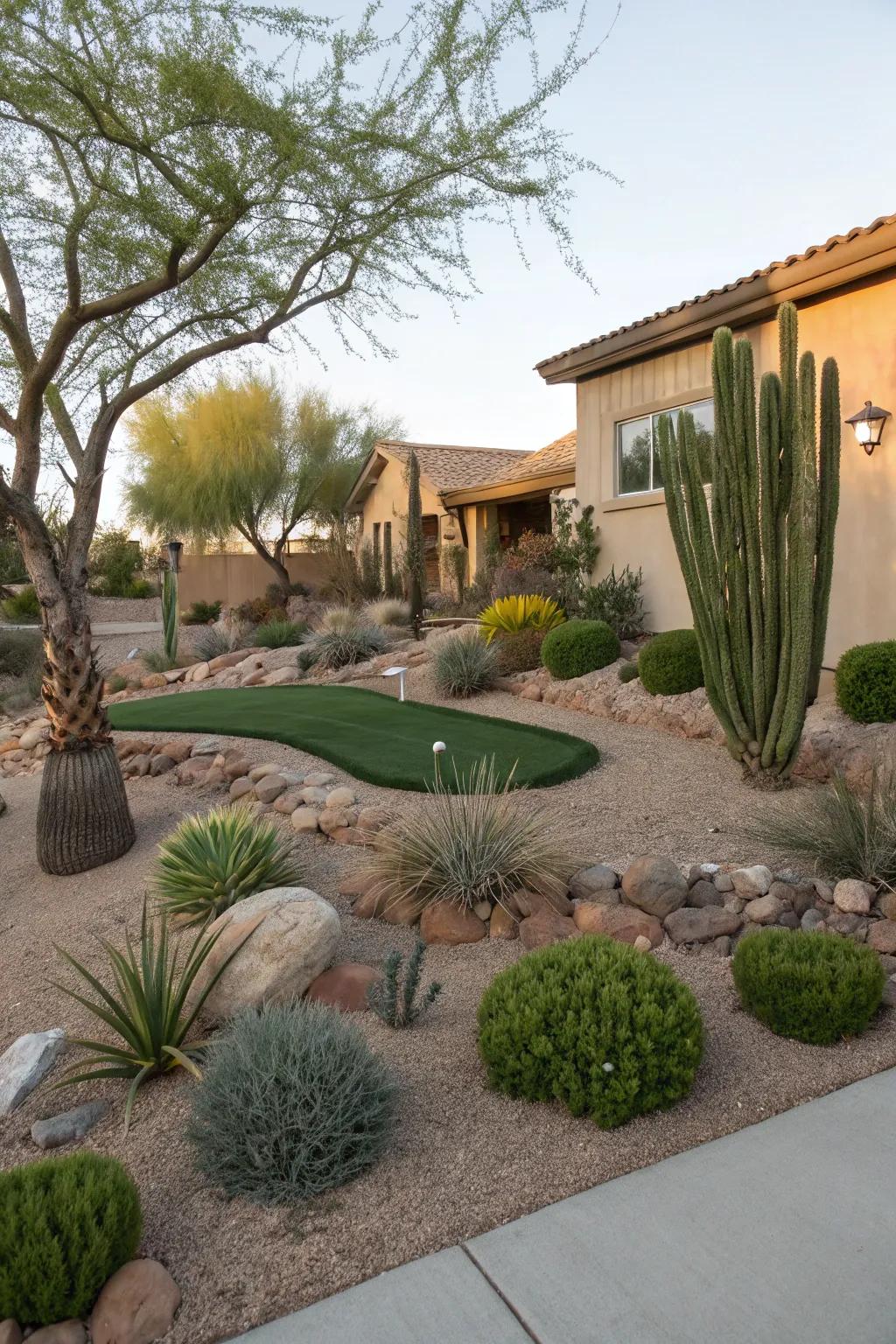 Sparse green lawns add a traditional touch without excess water use.