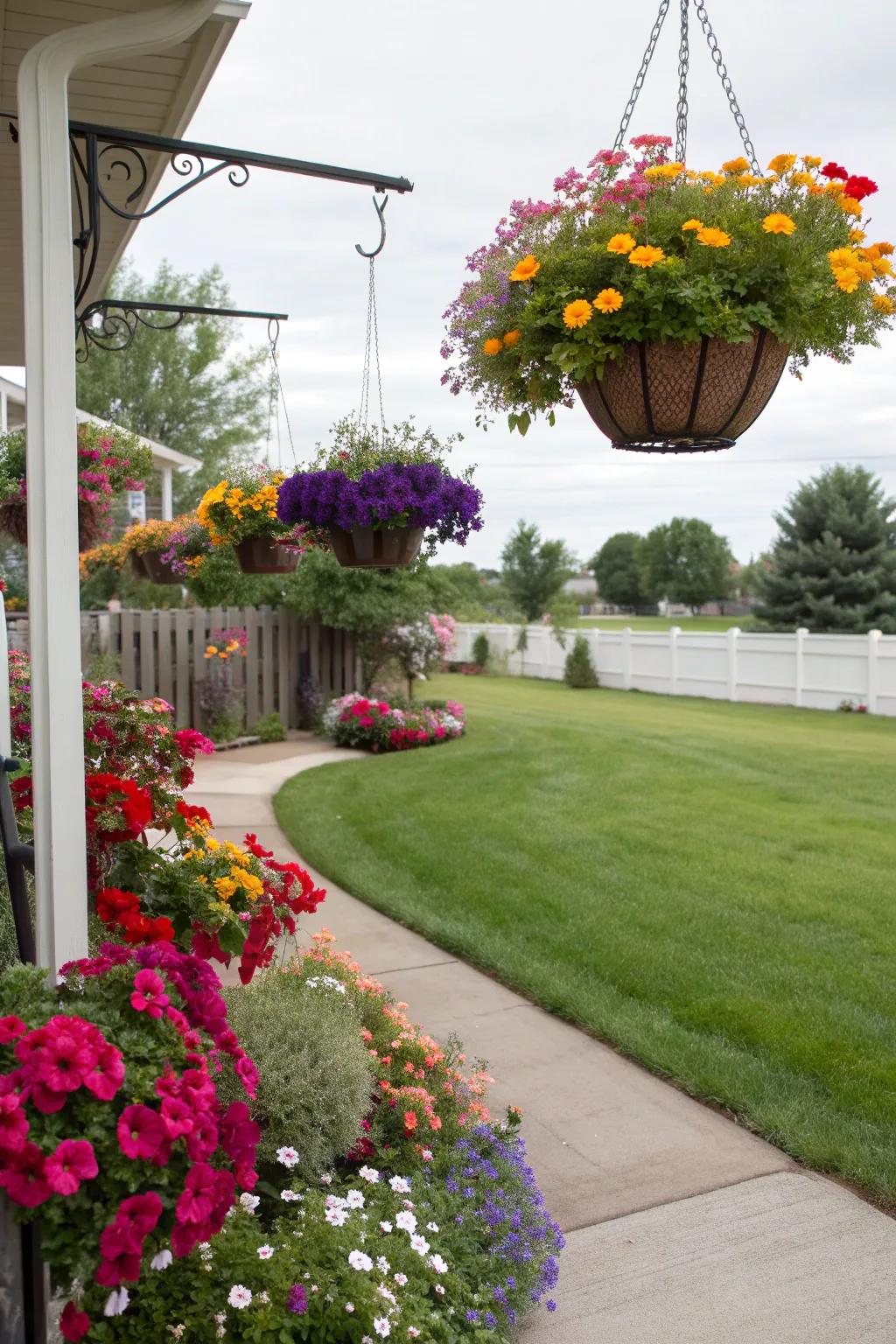 Hanging baskets adding character to a Zone 6 front yard.