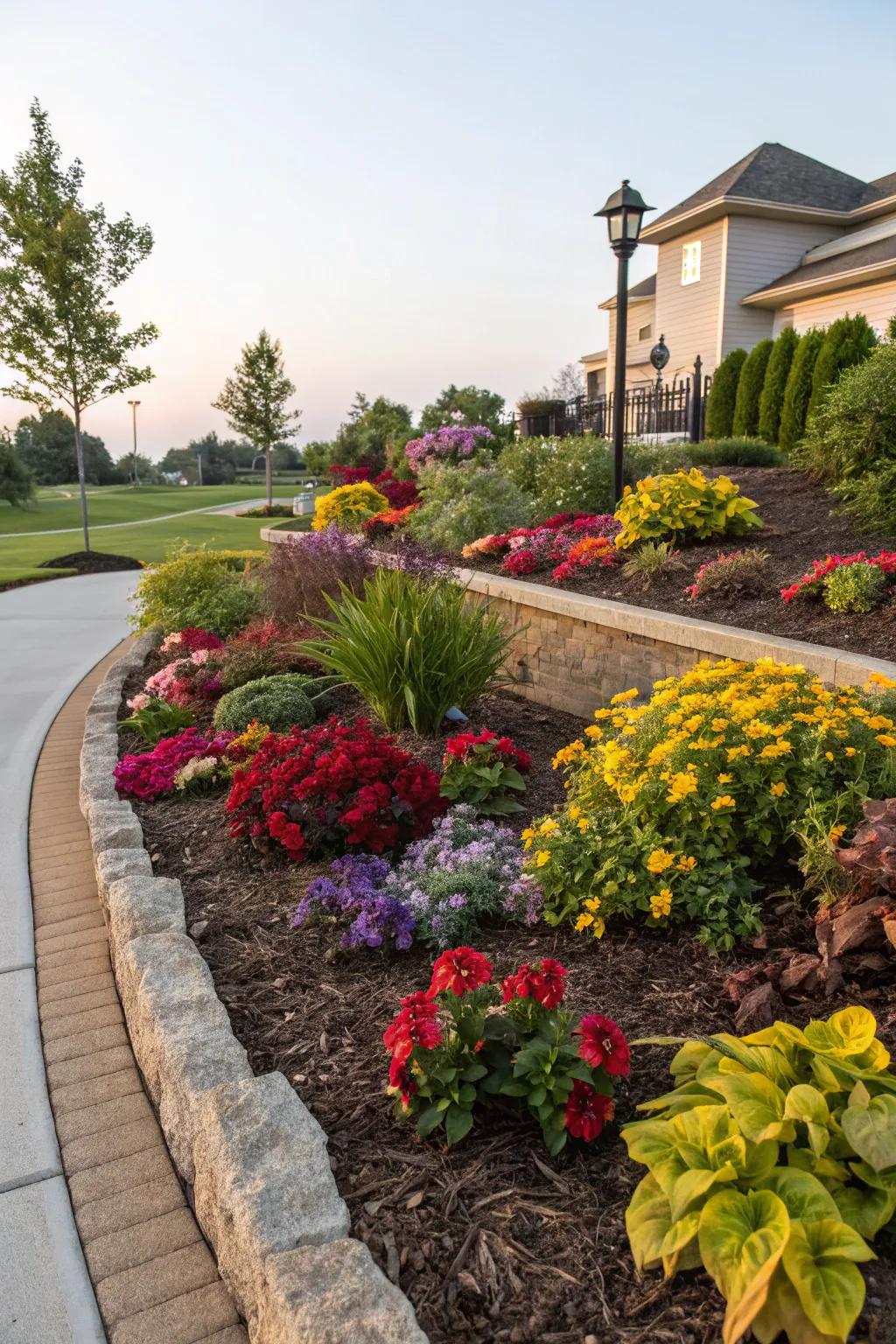 Mulch enhancing the vibrant colors of a front yard garden bed.
