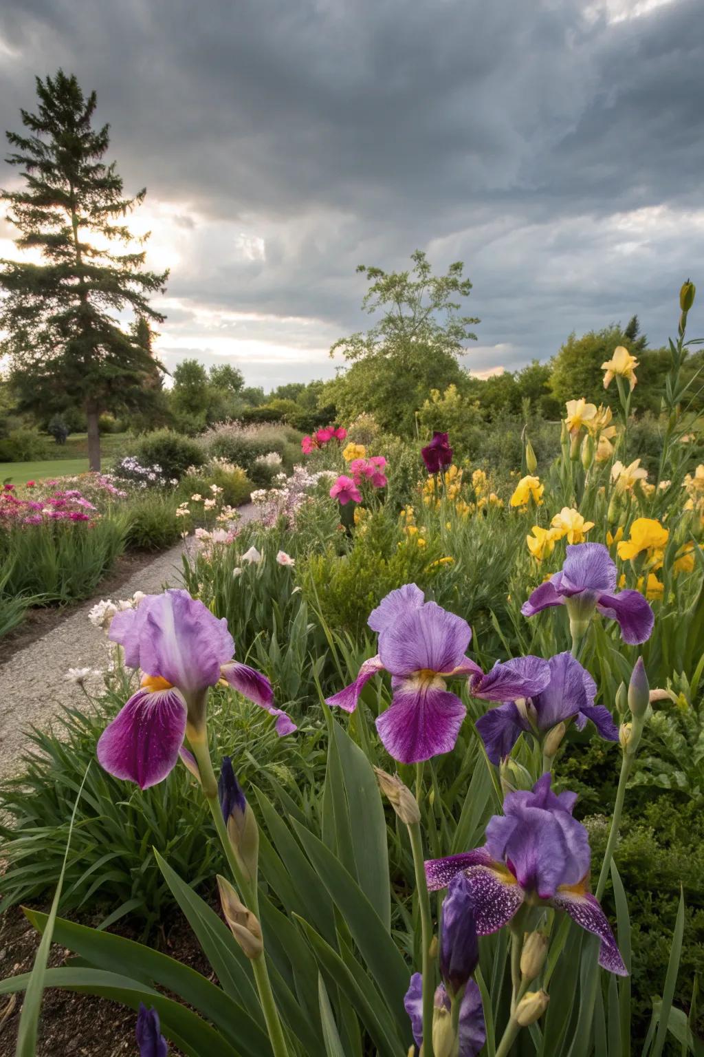 Seasonal blooms with irises, ensuring continuous garden color.