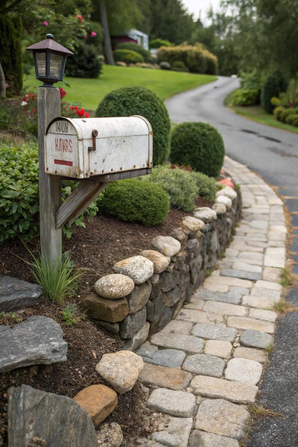 Hardscaping elements provide structure and depth to the mailbox landscape.