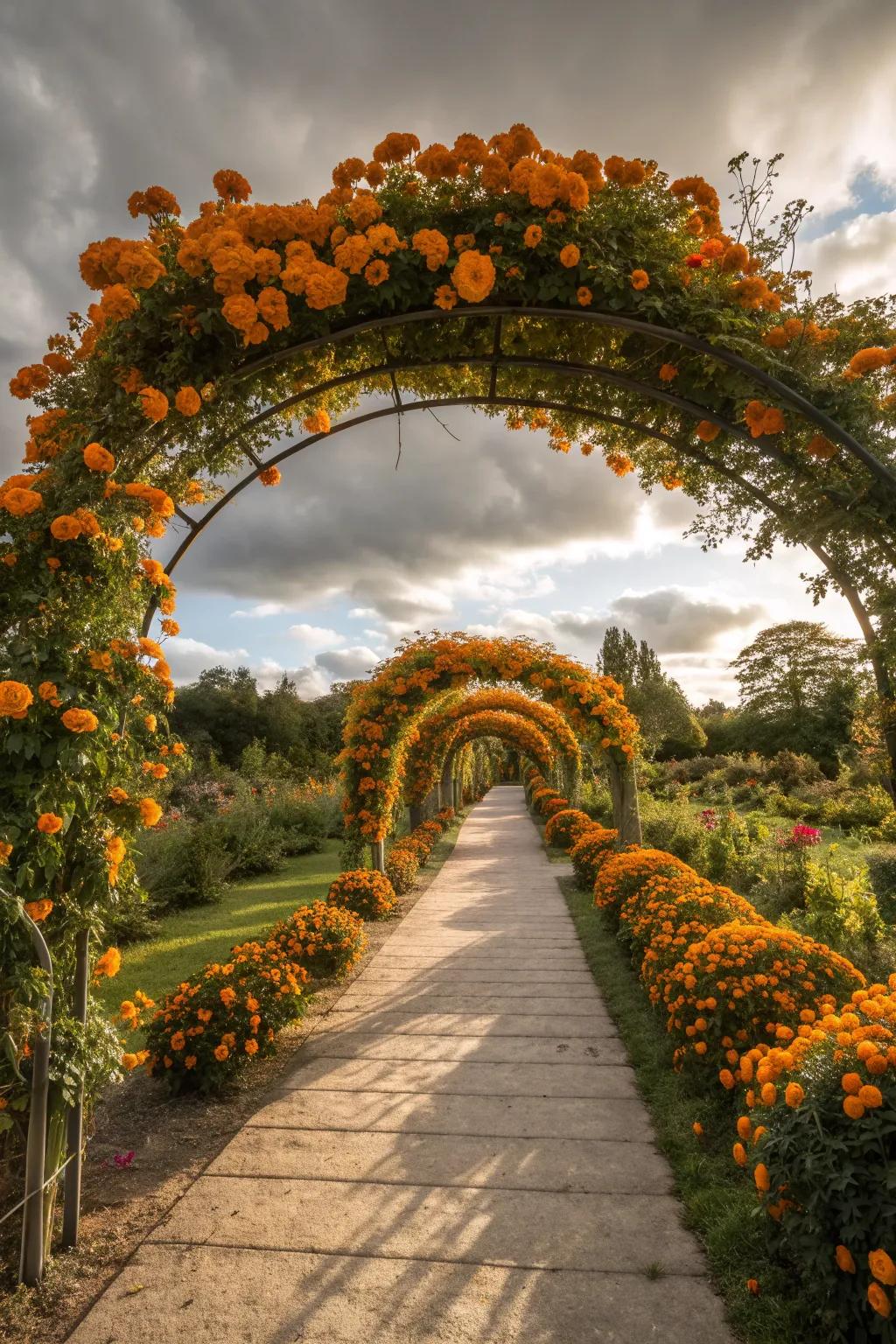A vibrant marigold archway welcomes you to the garden.