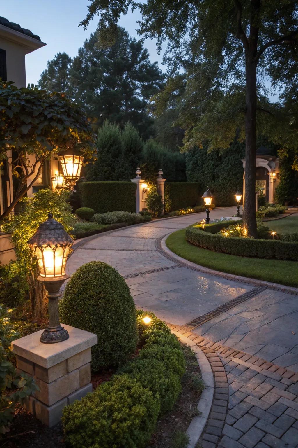 Lighting features transforming the parking pad into a nighttime haven.