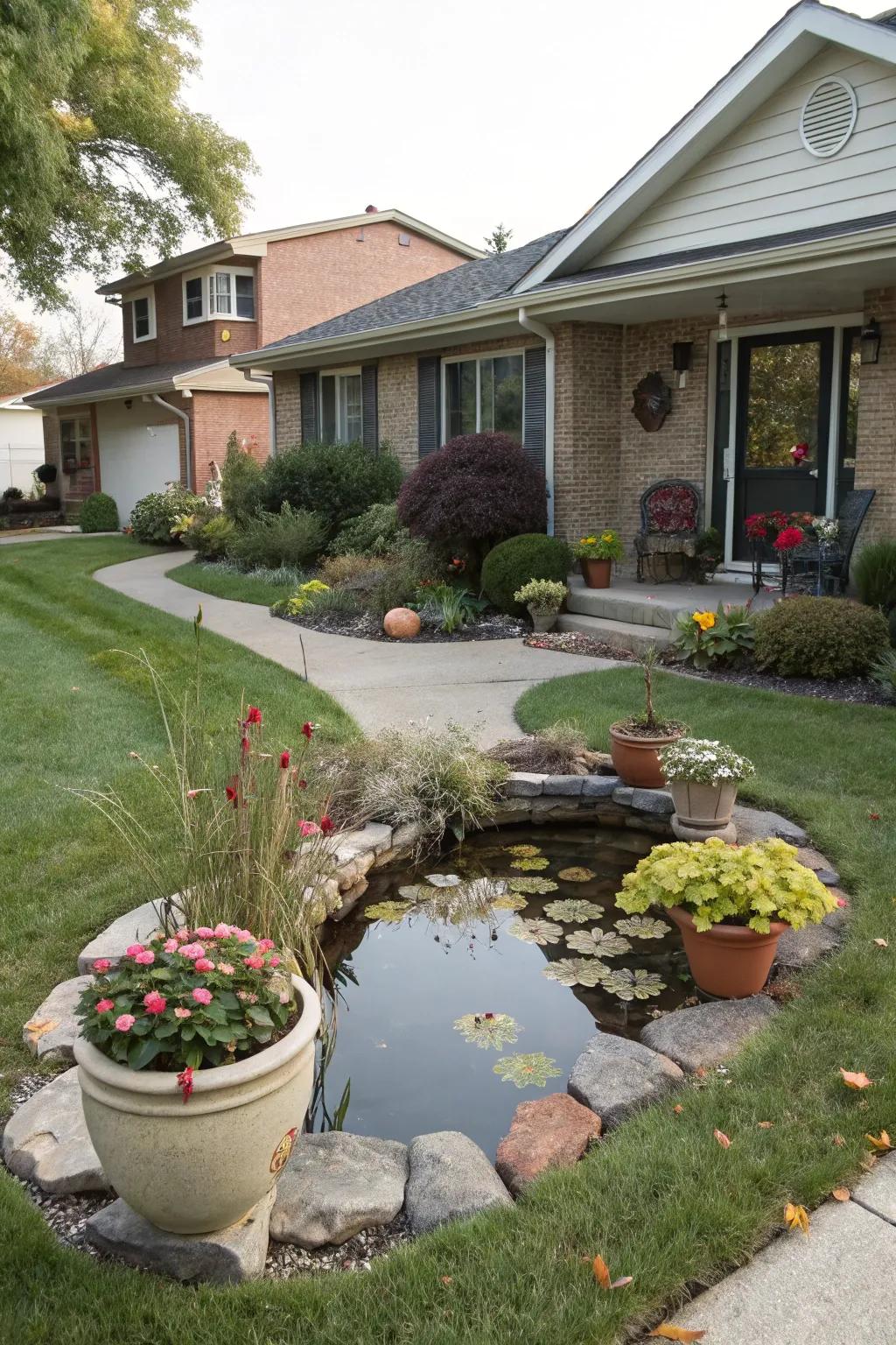 Potted plants offer flexible decoration around a pond.