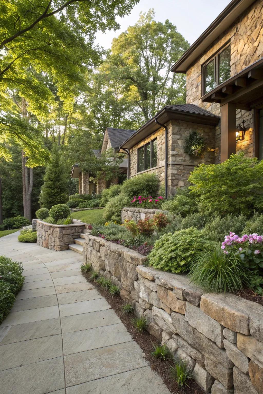 Natural stone adds elegance and privacy to the landscape.