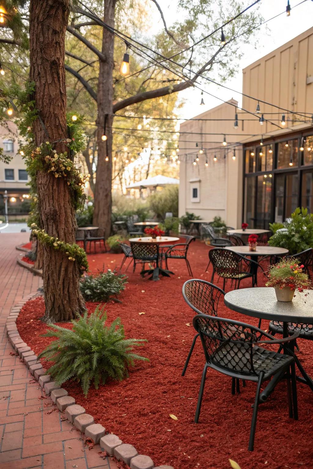 Cozy seating area integrated with red mulch landscaping.