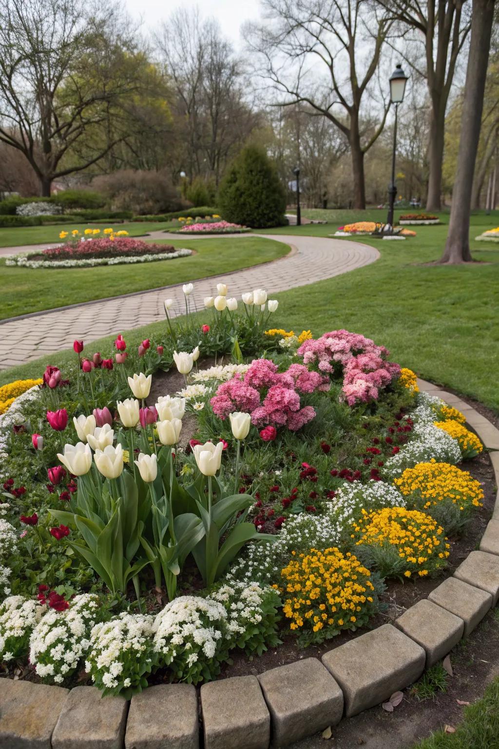 Seasonal blooms ensure year-round beauty in this flower bed.