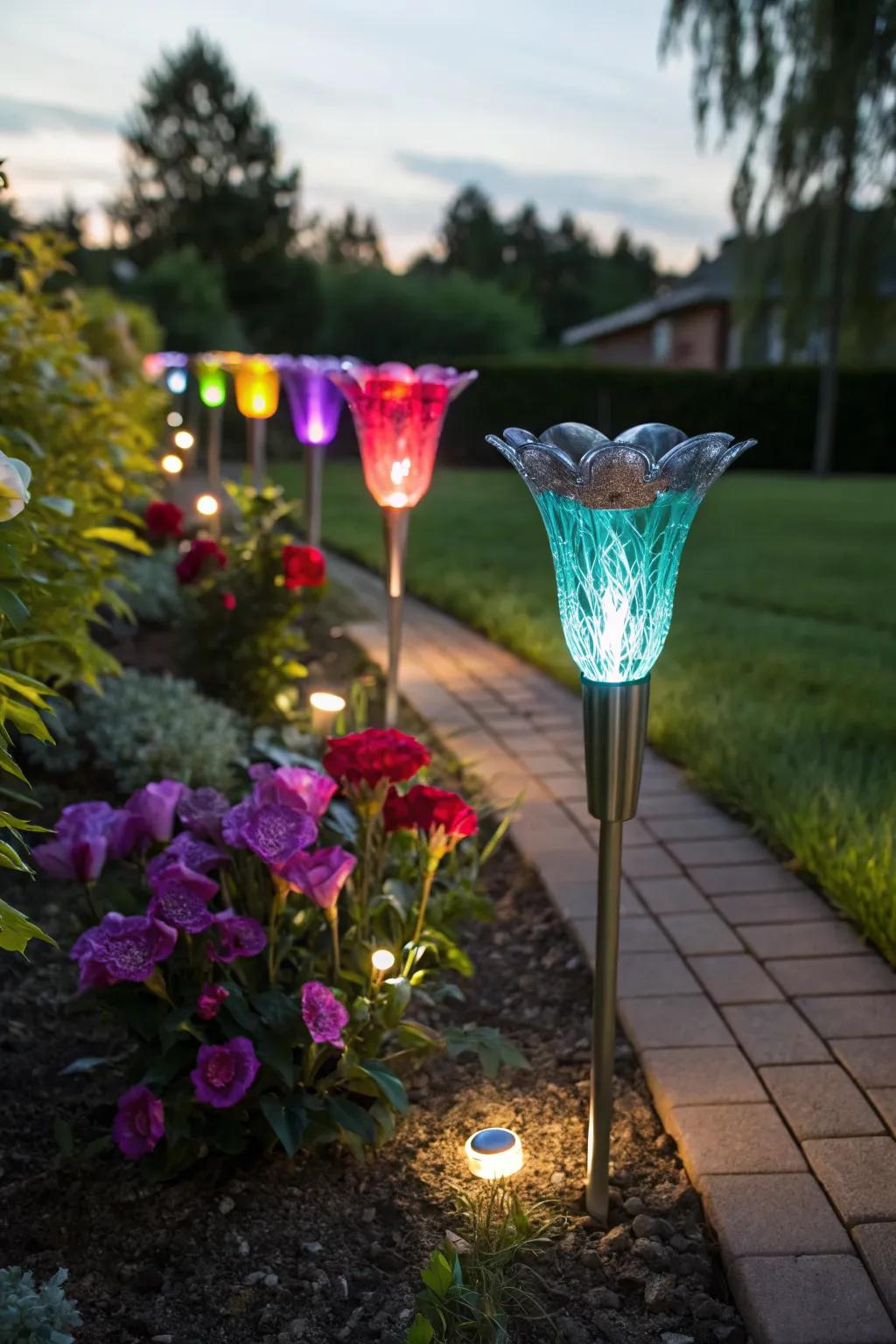 Brighten your flower beds with colorful solar garden stakes.