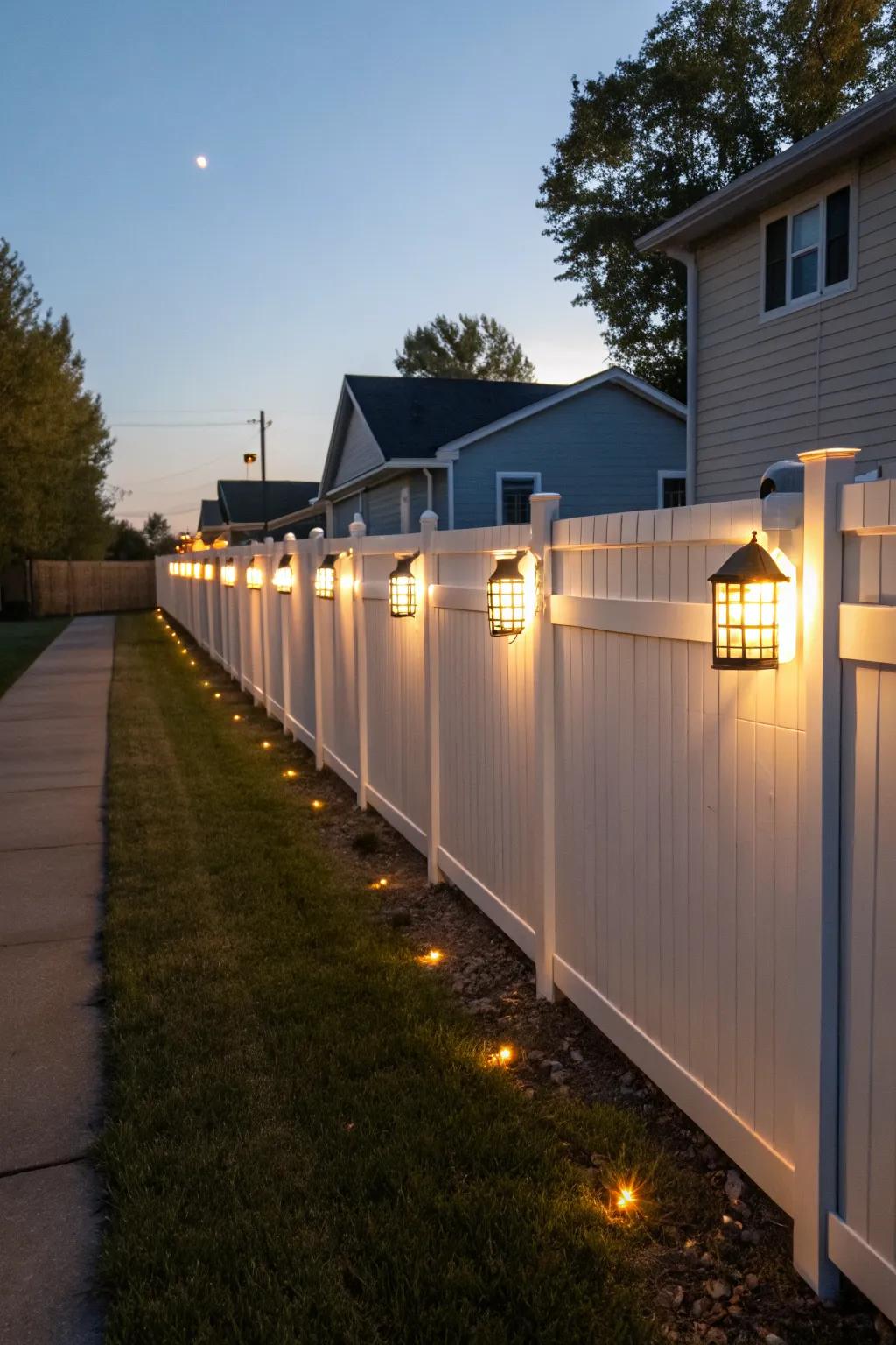 Solar-powered lights on a vinyl fence creating a cozy ambiance.