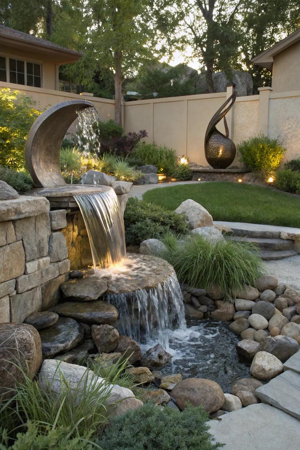 Artistic elements like sculptures add unique charm to your waterfall.