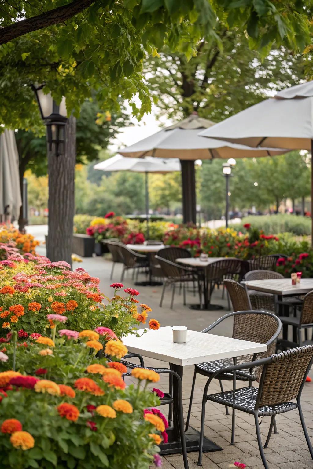 Zinnias provide a vibrant backdrop for outdoor living spaces.