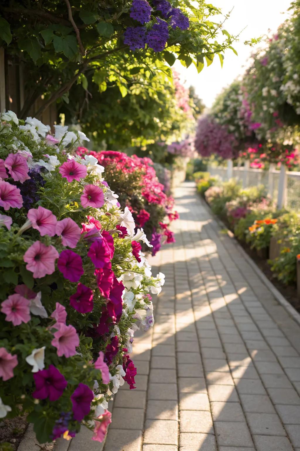 Petunias line a sunny garden path, offering a colorful welcome.