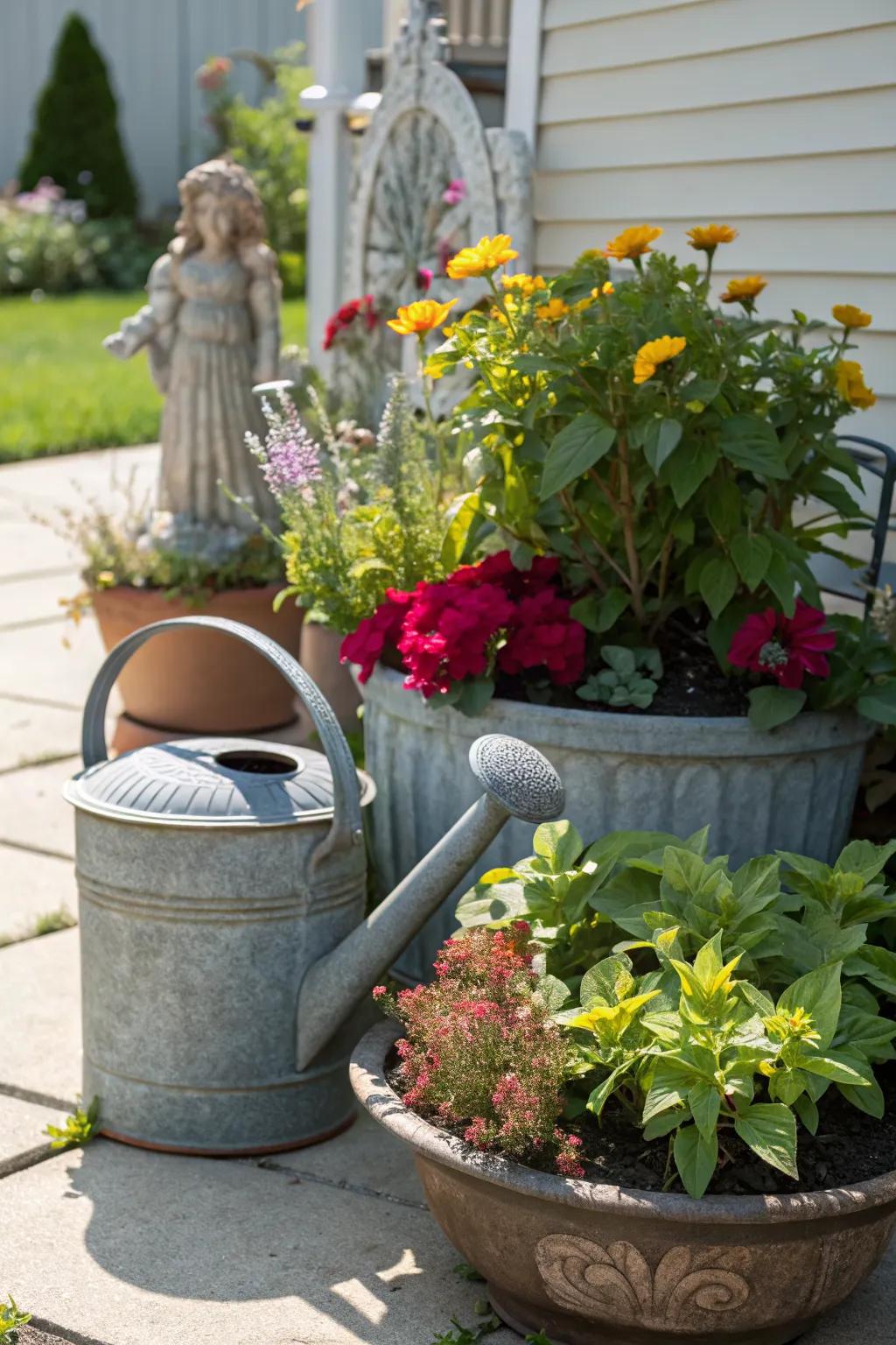 Functional decor enhances the charm of this sunny garden.