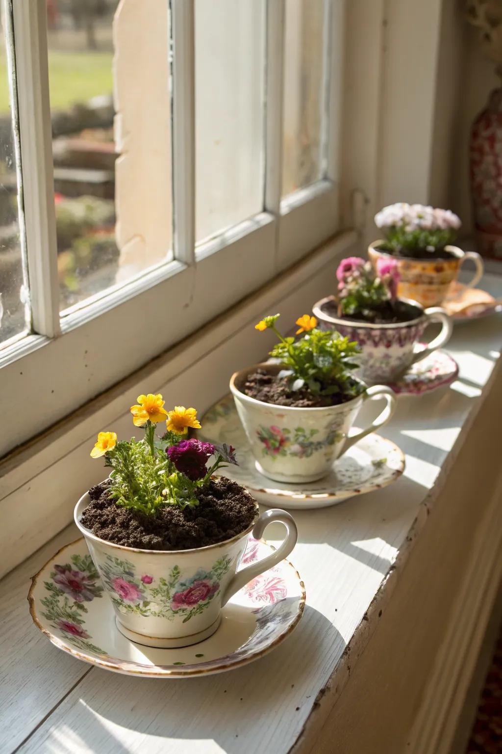 Vintage teacups turn into charming planters for sunny windowsills.