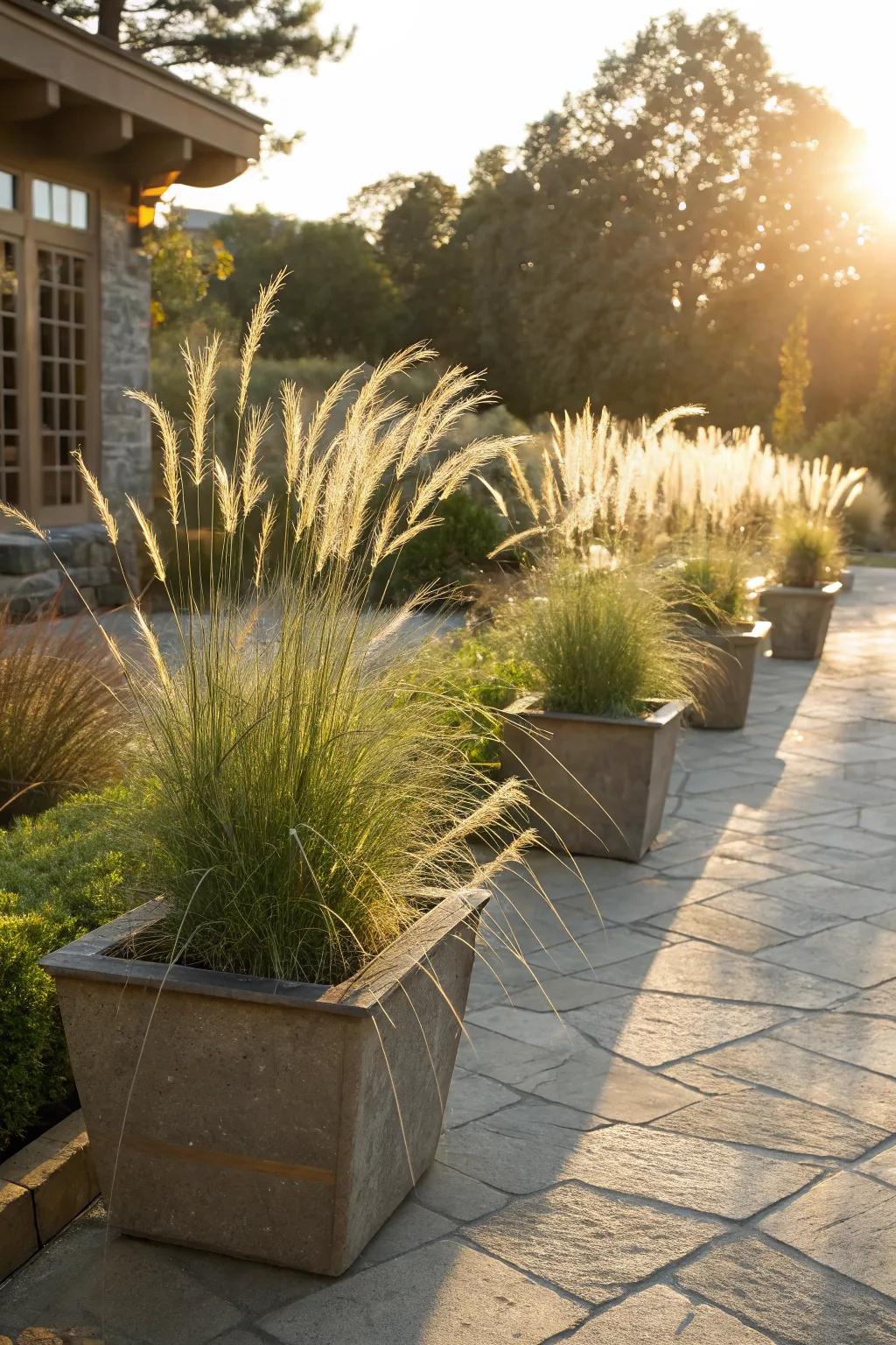 Planters with tall grasses adding texture