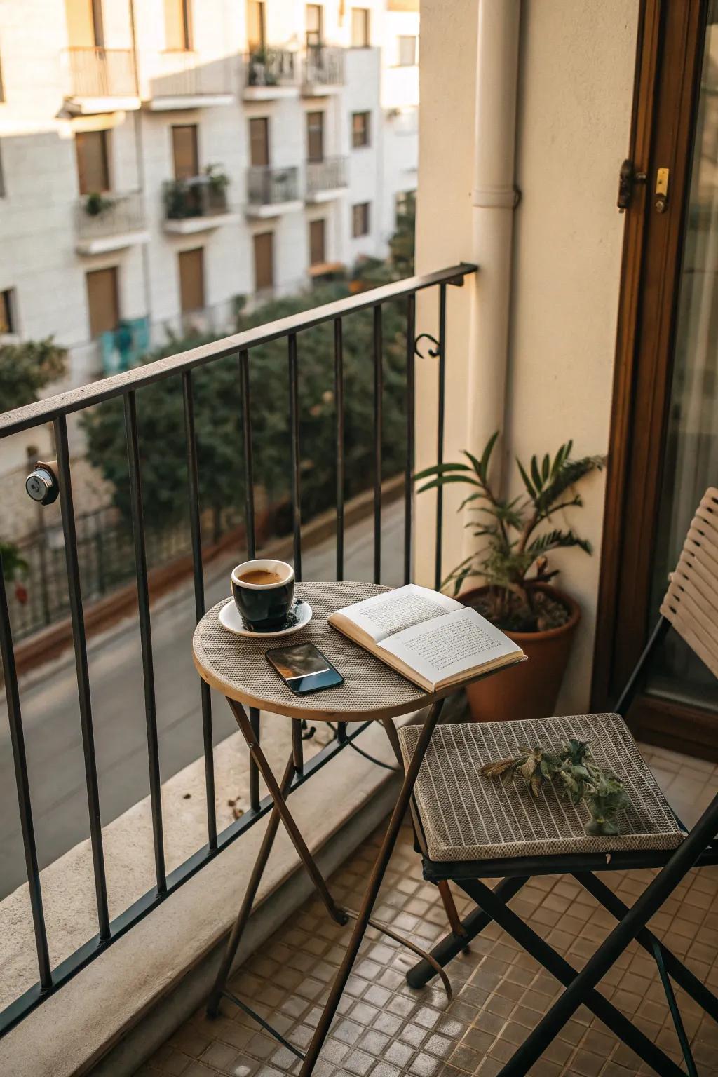 A portable side table is a versatile and practical addition to a small balcony.