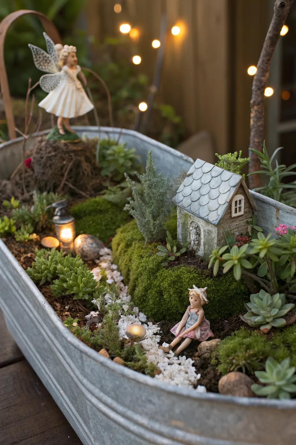 A whimsical fairy garden in a galvanized trough, enchanting for all ages.
