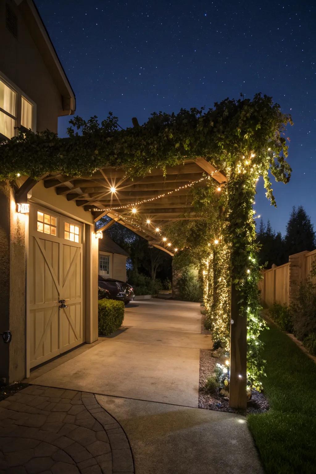 Integrated lighting transforms a pergola into a nighttime focal point.