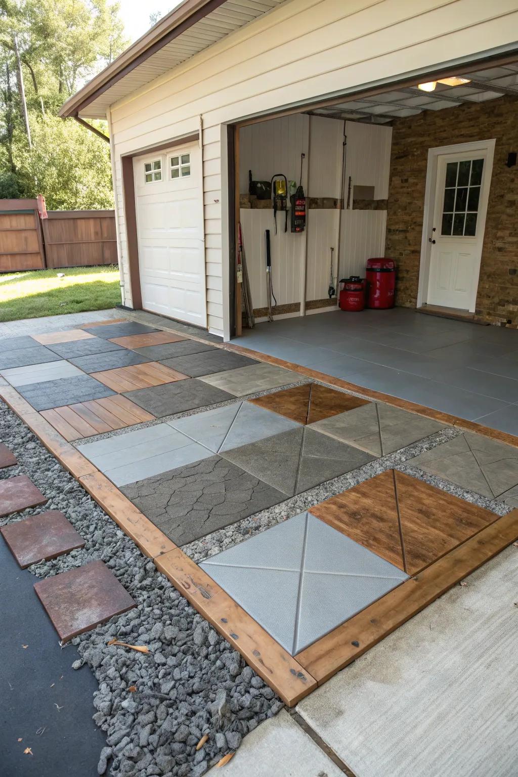 Distinct patio zones created with different flooring materials.