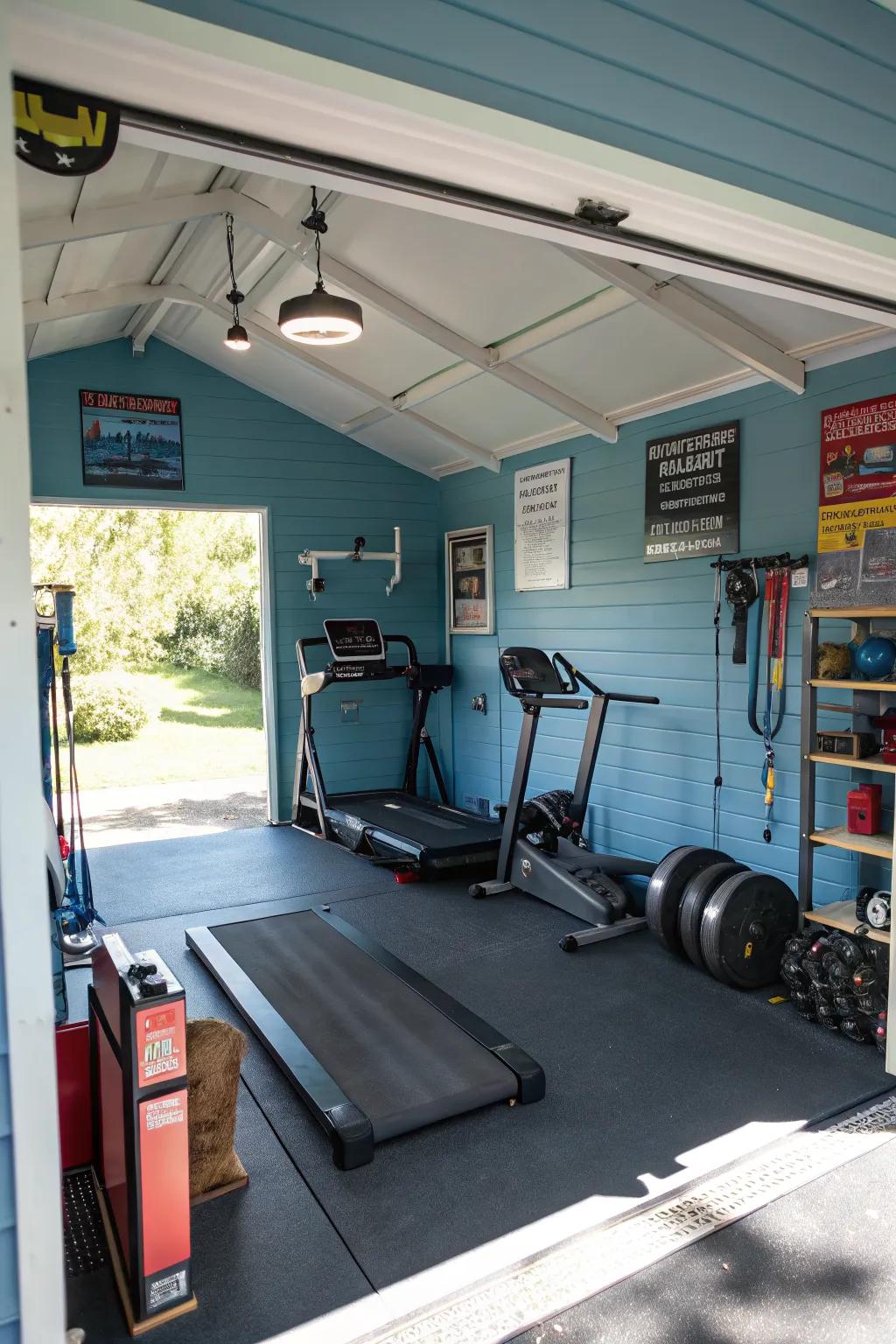 A personal fitness studio within a garage shed.