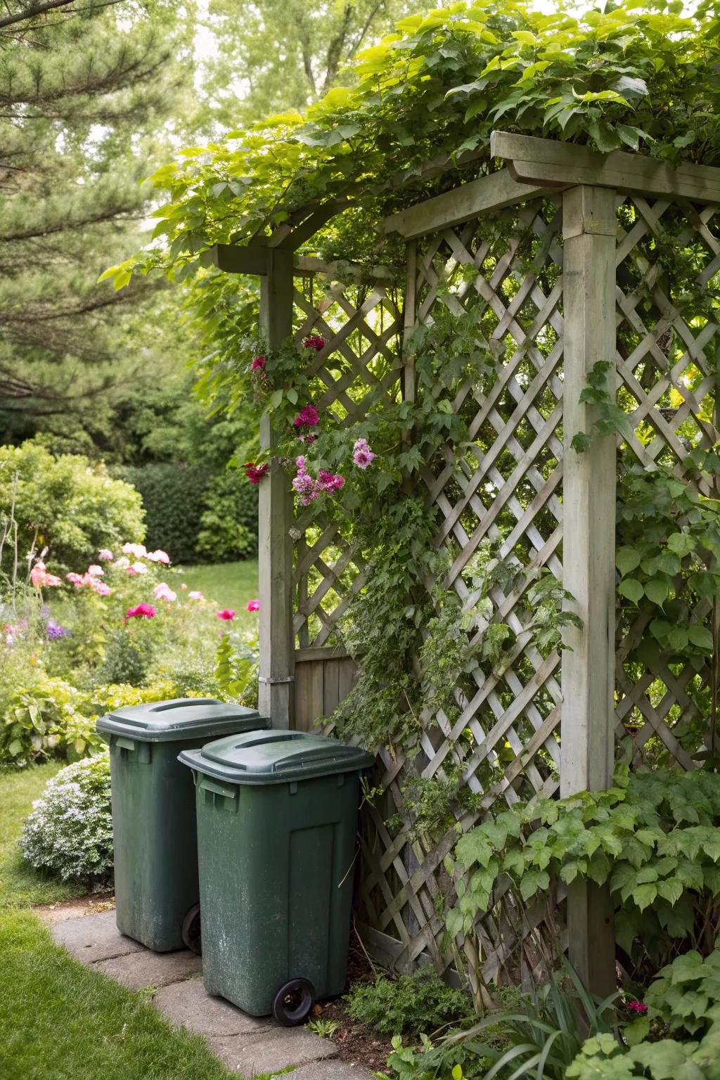 Enhance your garden with a lattice screen and climbing vines to hide trash bins.
