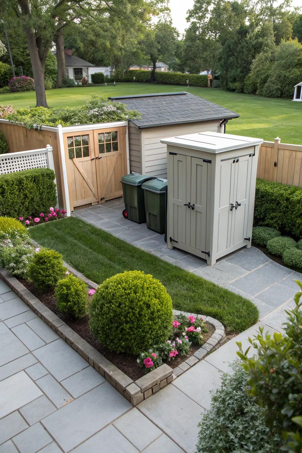 A versatile garden shed doubling as garbage can storage.