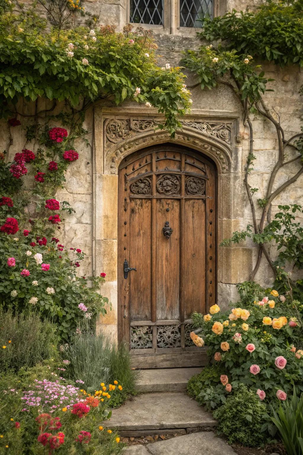 Transform an old door into a garden centerpiece.