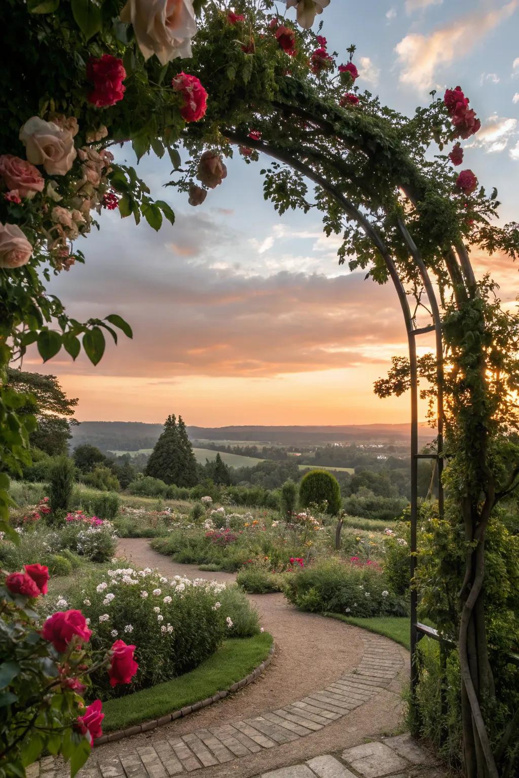 A garden arch framing a stunning sunset view.