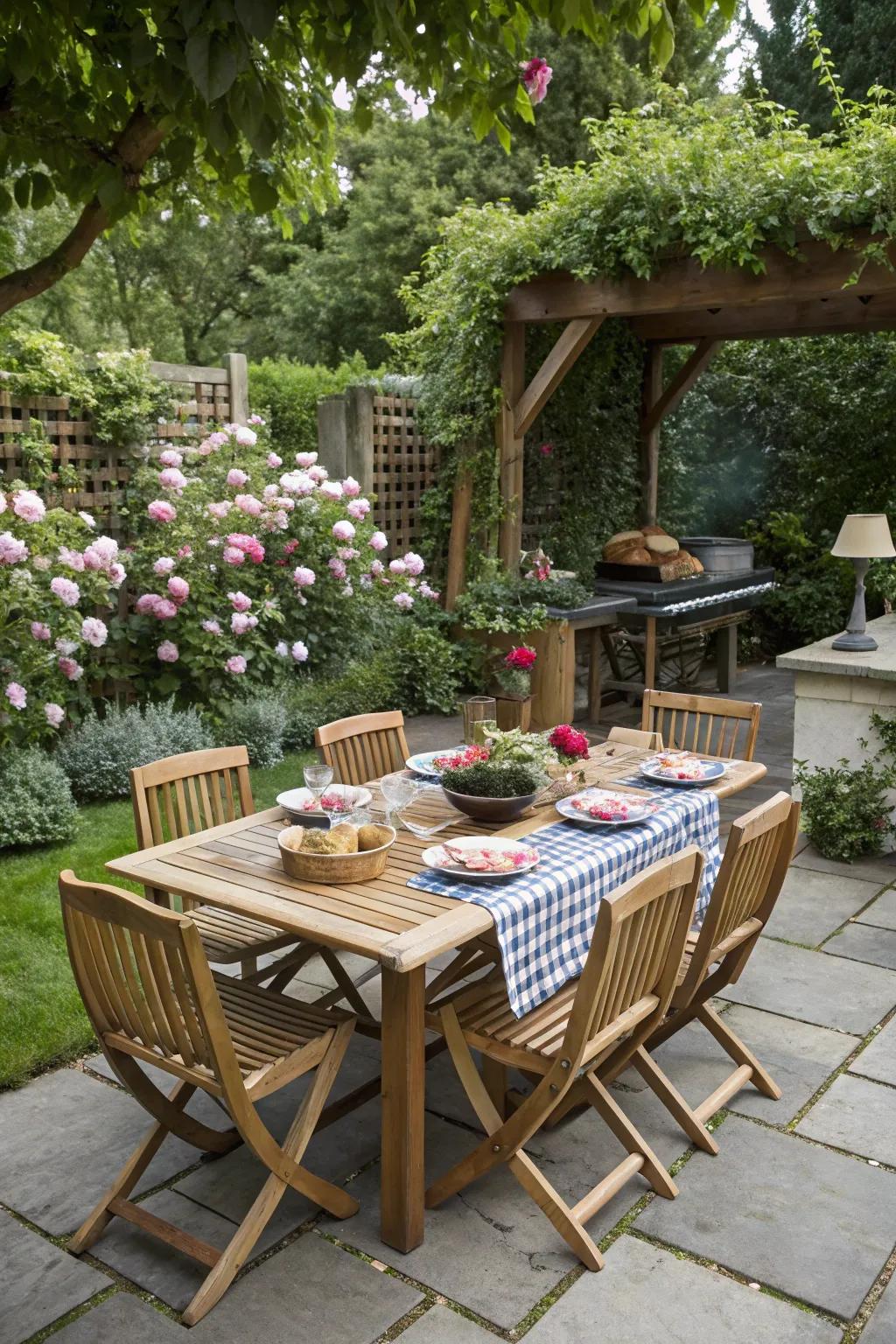 A dining nook invites leisurely meals under the sky.