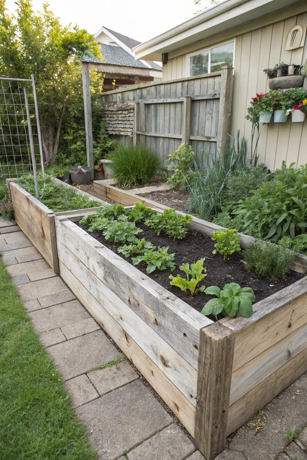 Timber planks elegantly elevate and structure garden beds.