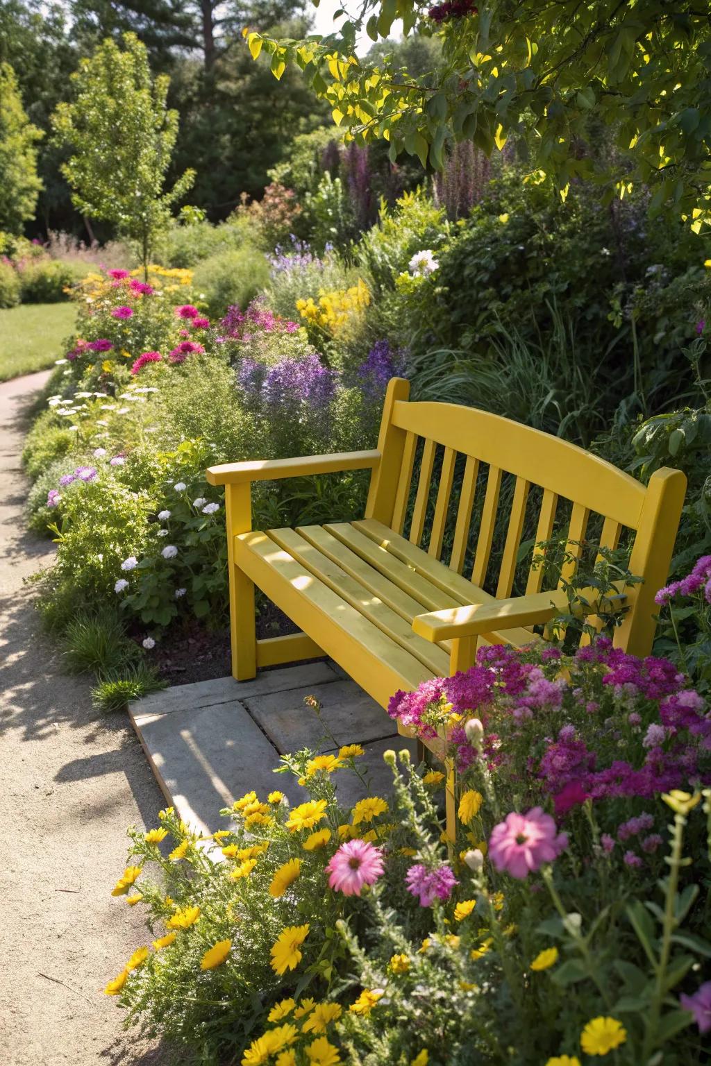 A yellow bench brightens up the garden, adding warmth and cheer.